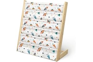 wooshwa Madera Libreria Infantil,Estanteria Libros Infantil con 5 Estanterías, Organizador de Juguetesde 3 Bolsillos con Mangas Profundas, 63 * 30 * 73cm (Cohete)