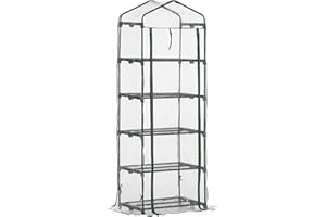 Outsunny Serre de Jardin PVC avec étagères 5 Niveaux, Serre de Balcon, bâche renforcée 135 g/m², châssis en Acier, Porte zippée Enroulable, pour légumes Plantes Fleurs, 69 x 49 x 193 cm, Transparent