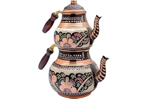 TUBIBU Théière turque en cuivre avec poignée en bois pour cuisinière - Infuseur décoratif vintage - Motif floral - Pour pendaison de crémaillère, décoration d'intérieur