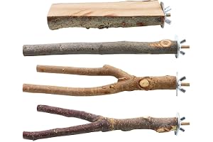 BILLIOTEAM 4 Pack Natural Wood Bird Perch Parrot Stand Branches Fork Toys,Pet Bird Cage Wooden Hanging Perch Platform Hammock Swing Toy for Small Parakeets,Budgies,Cockatiels,Conures,Macaws,Finches