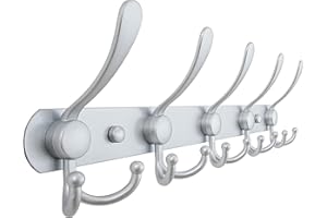 Dseap Coat Rack Wall Mounted - 5 Tri Hooks, Heavy Duty, Stainless Steel, Metal Coat Hook Rail for Coat Hat Towel Purse Robes Mudroom Bathroom Entryway, Silver