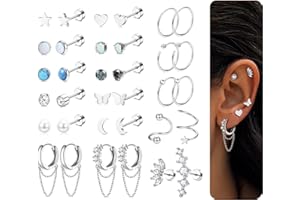 KALVICA 34 Pezzi Orecchini Donna Anallergico Helix Piercing Jewelry Acciaio Chirurgico Cartilagine Orecchini Argento Piercing Tragus Rook Farfalla Perla Orecchini 20G