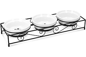 Navaris Set di 3 Ciotole Cane Gatto Acciaio - 3X 320ml in Ceramica con Sostegno in Metallo in Stile Ferro battuto Design Zampa - Scodelle Cibo Acqua