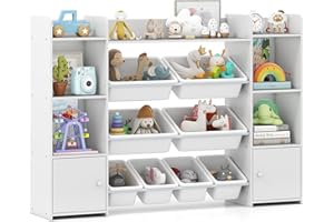 COSTWAY Kids Toy Storage Unit, 4-Tier Children's Toys Organiser with 8 Removable Bins, 2 Cabinets and Open Shelves, Large Toddler Bookshelf for Playroom, Nursery, Living Room (White)