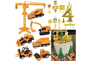 Drookaen Kuchen Deko Baustelle, Metall Kunststoff Bagger Spielzeugauto, Baustellen Fahrzeuge Tortendeko mit Baufahrzeug Verkehrsschilder Gold Glitter Geburtstag Zahl 4 Kerzen