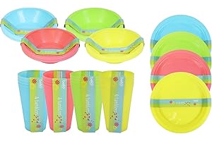 YOL Full 48 Piece Plastic Picnic Set Outdoor Dining Bowls Plates Tumblers 4 Colours Environmentally Friendly Camping Dining Outside Garden Party BBQ Set
