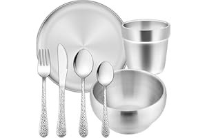 Kindergeschirr Set, HaWare 7-teilig Edelstahl Kinderbesteck ab 3 Jahre, Kleinkind Gehämmertes Besteck Set mit Kinder Gabel/Messer/Löffel/Teller/Müslischale/Tasse, Ungiftig & Gesund, Spülmaschinenfest