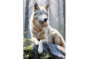 QINRUBB DIY Wolf im Wald Diamond Painting Erwachsene, 5D Sonnenschein Diamant Painting Bilder Anfänger, Runder Vollbohrer Wolf Diamant Kunst Kits Kreuzstich Geschenke Home Wand Dekor 30x40 cm