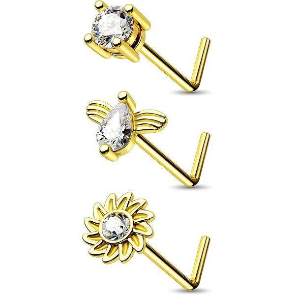 Piercing Nez Or 14K | Stud En Forme De L | Étoile Ou Cœur | 20g (0.8mm) | Pour Femme & Homme