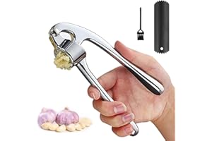 GUUFOO Knoblauchpresse Edelstahl, Knoblauchpresse Spülmaschinenfest Mit Knoblauchschäler und Reinigungsbürste, Garlic Press Crusher, Knoblauchpressen mit Ergonomischem Griff leicht zu Pressen und zu Reinigen