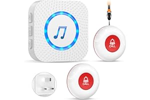 ChunHee Call Bell for Elderly, Panic Button Alarm, Emergency Caregiver Pager, Home Alarm Systems/Nurse Alert System for Patient 500Ft/150m with 1*UK Plug-in Receivers & 2*Waterproof Transmitters