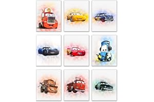 Lot de 9 affiches de film Cars - 20,3 x 25,4 cm - Aquarelle - Lightning McQueen Tow Mater Doc Hudson Jackson Storm Cruz Ramirez