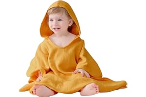 ‎LAT LEE AND TOWN LAT Badeponcho für Kinder, Baby Poncho Badetuch, 100% Baumwoll-Musselin, Babyhandtuch mit Kapuze, Super Saugfähiger Kapuzenhandtuch für Babys und Kinder, 64x60cm (Orange)