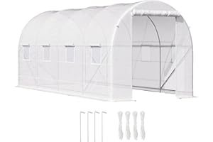 Outsunny Serra per Orto con 8 Finestre e Porta Avvolgibile, Serra da Giardino a Tunnel, Serra per Piante con Struttura in Metallo e Telo in Polietilene, 5x2x2m, Bianco