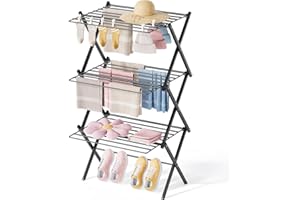 SYKIARIOL Clothes Airer, Foldable Clothes Drying Rack, Space-Saving Clothes Horse with 3 Levels, Extendable Indoor Drying Rack Laundry, 52 X 54 X 114cm, Black