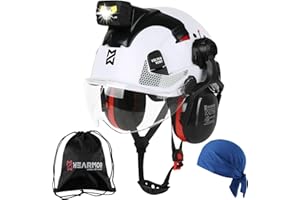 ‎HEARMOR HEARMOR VOLTEK CE EN397 Zertifizierter Industrieschutzhelm mit LED-Kopflampe + Visier & Gehörschutz | Für Forstarbeiten, Bauarbeiten & Klettern | Hochwertiger Arbeitshelm mit Belüftung für Erwachsene