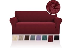 ‎FIGOOO FIGOOO Stretch Sofabezug 2 Sitzer Sofa überzug Schachbrettmuster Jacquard Elastisch Waschbar Sofahusse mit Armlehnen Einfarbig Protector für Hunde,Bordeaux