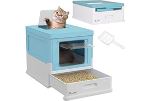 PawHut Lettiera per Gatti Chiusa in PP con Paletta Inclusa, Design Pieghevole, Cassetta Igienica per Gatto con Vassoio Estraibile e 2 Porte, 47.5x35.5x36.7 cm, Azzurro