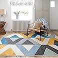 Luxury Hand Carved Geometric Navy Blue Grey Carpet Rug Thick Striped ZigZag Ochre Yellow Lounge Living Room Bedroom Hallway Mat Area Rugs 60cm x 110cm