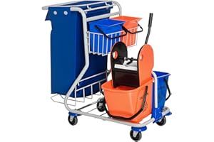 HOMCOM Carrello Pulizie Professionale con Sacco per Immondizia, 2 Secchi Lavapavimenti 18L, 2 Secchio Portaoggetti 6L, Strizzatore per Mocio, Gancio e Ruote per Hotel e Albergo, 93x80x97 cm, Arancione