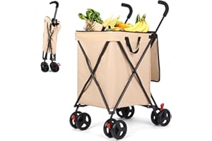AESRAOU Shopping Cart, Collapsible Folding Utility Wagons Carts Heavy Duty, Large Capacity 120lbs, Minimalist, with All-Terrain Big Wheels for Outdoor Camping Shopping Sports Garden (Khaki)