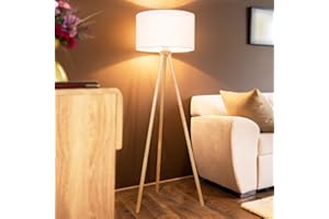 ‎JAGO Jago® Tripod Stehlampe - LED, 145 cm, Ø45cm, E27, Max 60W, Stativ aus Holz, Stoffschirm, Skandinavischen Stil - Dreibein Stehleuchte, Wohnzimmerlampe, Standleuchte, Schlafzimmer, Büro