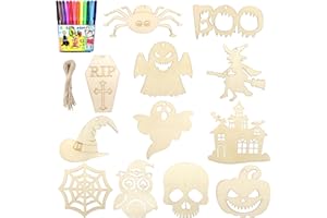 QUNKUN Halloween, 24 sztuki drewnianych prac ręcznych, zestaw do majsterkowania, zestaw do majsterkowania dla dzieci, dekoracyjne zawieszki na Halloween, DIY, na imprezę, prezent