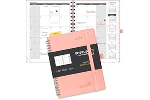 POPRUN Monthly Planner 2024-2025 with Tabs 22x16.5cm (18-Month: Jan'24 - Jun'25) Month to View only Diary A5, Spiral PU Leather Softcover, Sunday Start (Pink)
