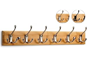LARHN Wall-Mounted Coat Rack - 6 Matt-Nickel Triple Coat Hooks for Wall on Stylish Wooden Bamboo Base - 59 cm - All Fixings Included
