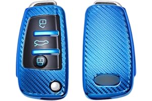 HIBEYO Etui na kluczyki samochodowe pasuje do Audi A1, A3, A4, A6, Q3, Q5, Q7, S3, R8, TT, breloczek do kluczy, pilot zdalnego sterowania, 3 przyciski (niebieskie włókno węglowe)