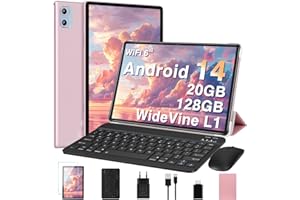 DEERTIME Tablette 10 Pouces Android 14 Tablettes avec 20Go RAM+128Go ROM(TF Extensible 2To), WiFi 6, 5G+2.4G WiFi, Octa-Core, Widevine L1, Bluetooth5.0, GMS Tablette Tactile avec Clavier+Souris et Cas-Or Rose