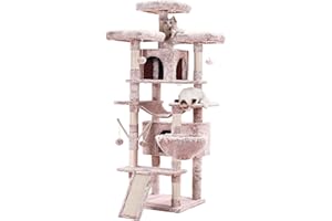 Hey-brother Drapak duży, 180 cm XXL, drapak dla dużych kotów, stabilny z linką sizalową, duża deska do drapania, kosz, 3 platformy i 2 domki, beżowo-brązowy EMPJ034MU