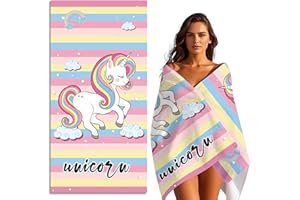 ‎FEELJAM FEELJAM Strandtuch 80 x 160cm M?dchen Einhorn Badetuch Strandlaken Handtuch Damen Strandhandtuch Kinder Schwimmen Duschtuch - Mehrfarbig gestreift