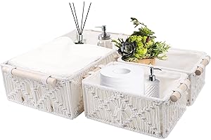 FEILANDUO Cestas Almacenaje Baño, Cestos de Decoración Bohemia Para Organizar, Cestas Tejidas de Baño con asa, Decoración Del hogar (Marfil,Juego de 3)