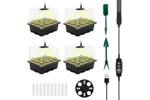 RIOGOO 4er-Pack Samen-Starter-Tablett mit Wachstumslicht, Timing-Samen-Starter-Set mit Einstellbarer Helligkeit und Luftfeuchtigkeit, Gewächshaus-Keimungsset (12 x 4,48 Zellen)