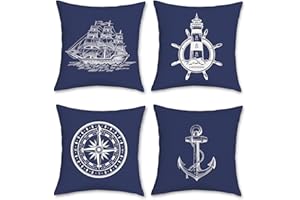 Bonhause 4 Pack Federa per Cuscini Nautico Ancora 45 x 45 cm Doppi Lati Oceano Bussola Blu Poliestere Biancheria Copricuscini Decorativi per Divano Casa All'aperto Decorazione Set di 4