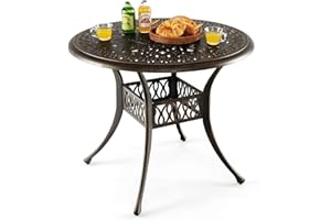 ‎COSTWAY COSTWAY Gartentisch mit Schirmloch, Ø 90 cm, runder Balkontisch aus Aluminiumguss, wetterfester Terrassentisch für Garten, antike Optik, 90 x 90 x 74 cm