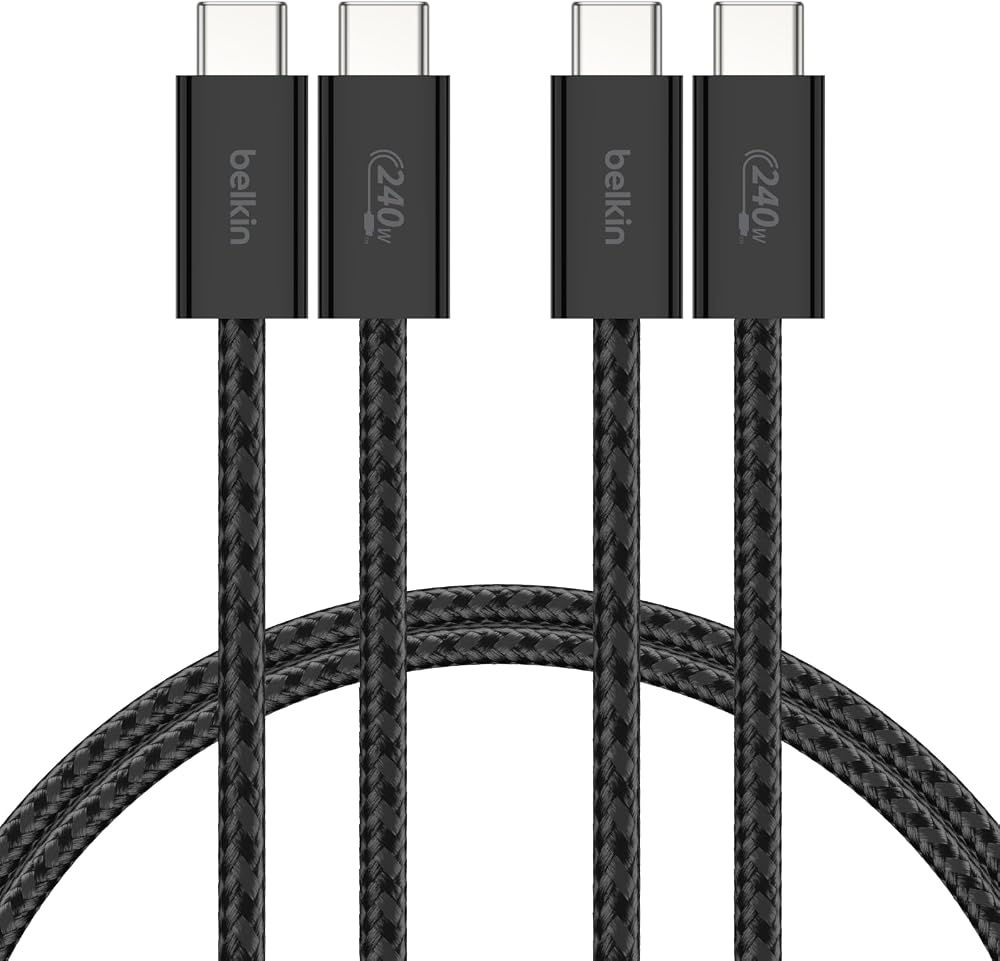 Belkin 2'li Örgülü USB-C - USB-C Kablo, 1,5 m, 240 W, Yumuşak, Esnek ve Hızlı Şarj Kablosu, iPhone 17 ve 16 Serisi, Galaxy S25, Pixel 10, iPad Pro ve Daha Fazlasıyla Uyumlu, Siyah