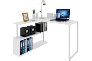 WOLTU Scrivania Angolare con Mensola a 3 Ripiani Girevole per Ufficio Tavolo Porta PC in Legno Colore Bianco TS65ws
