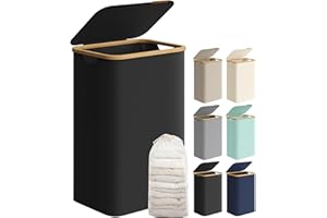 SONGMICS Laundry Basket with Lid, Large Laundry Hamper, 90L, Removable Mesh Liner, Oxford Fabric, Bamboo Handles, Collapsible, 42 x 32 x 70.5 cm, Ink Black LCB509B01