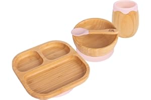 Tiny Dining Baby Feeding Set - Divided - Pastel Pink - 4pc - Divided Non-Slip Bamboo Self-Feeding Weaning Plate, Bowl, Drinking Cup & Spoon for Babies, Toddlers, Children