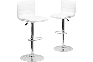 Flash Furniture Modern Vinyl Adjustable Height Barstool with Horizontal Stitch Back, Set of 2, Steel, White