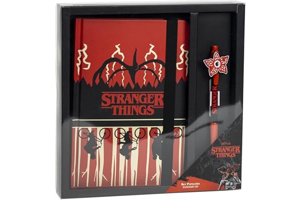 Set de Papelería de Stranger Things - Incluye Bolígrafo y Libreta - Diseño en Rojo, Negro y Blanco - Accesorios de Papelería - Producto Original Diseñado en España