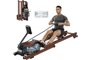 Dripex Water Foldable Rowing Machine for Home Gym,Wooden Folding Rowing Machine with LCD Monitor,Smooth Slide Rail and Comfortable Seat, Rower Supports Bluetooth Fitness APP and Max 350LBS