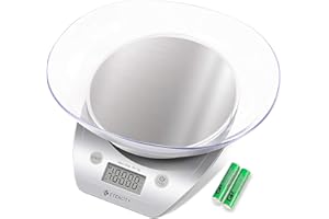 Etekcity Bilancia da Cucina Digital in Acciaio Inossidabile, Ciotola Rimovibile, Alta Precisione 5kg/11lb, Moderna Bilancia Cucina Almenti, Volume Liquidi, LCD Display, Argento