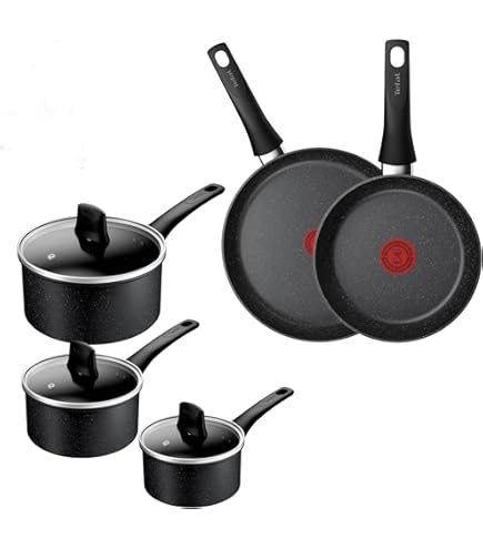 Titanium Essential B941S344 - Juego de 3 cacerolas de 16/18/20 cm tapas, sartén de 14 cm y sartén de 24 cm, revestimiento antiadherente, seguro para metal, compatible con todas las cocinas