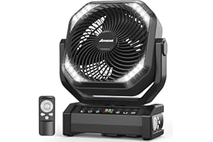 Amacool Camping Fan with Light, 20000mAh Rechargeable Battery Operated Fan, 112H Max Cooling Time, 8 Speeds, Digital Display, Remote Control, 270°Pivot with Hook for Tent Car RV Power Outage (Black)