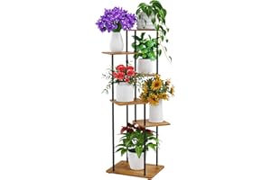 ALTORICO 6 Niveaux Support pour Plantes 113 cm, Étagère pour Plantes en Métal Bois, Porte Plantes D'intérieur pour Plusieurs Plantes, Support Pot de Fleur Décorer le Balcon du Jardin, Salon, Bureau, Noir