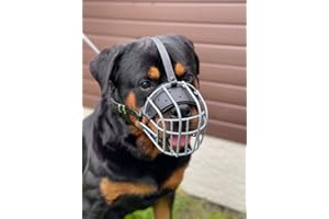 L&J PETS UK Bozal de metal de alambre fuerte para perro, bozal rottweiler, mastín Golden Retriever y otros (R1, cuero manchado/negro)
