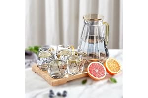 DUJUST Black Diamond Glass Pitcher with 4 Cups, 1 Tray, Elegant Design Water Pitcher with Handle, Decoration for Room, High Durability Water Glass Carafe for Ice Tea Pot, Beverage, Hot/Cold Coffee